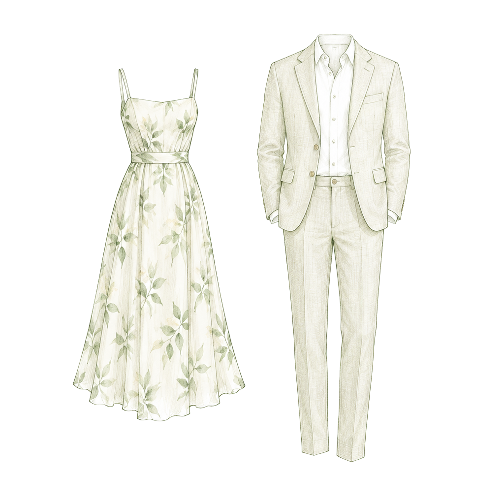 Ilustração de vestido leve e conjunto de alfaiataria para esporte fino