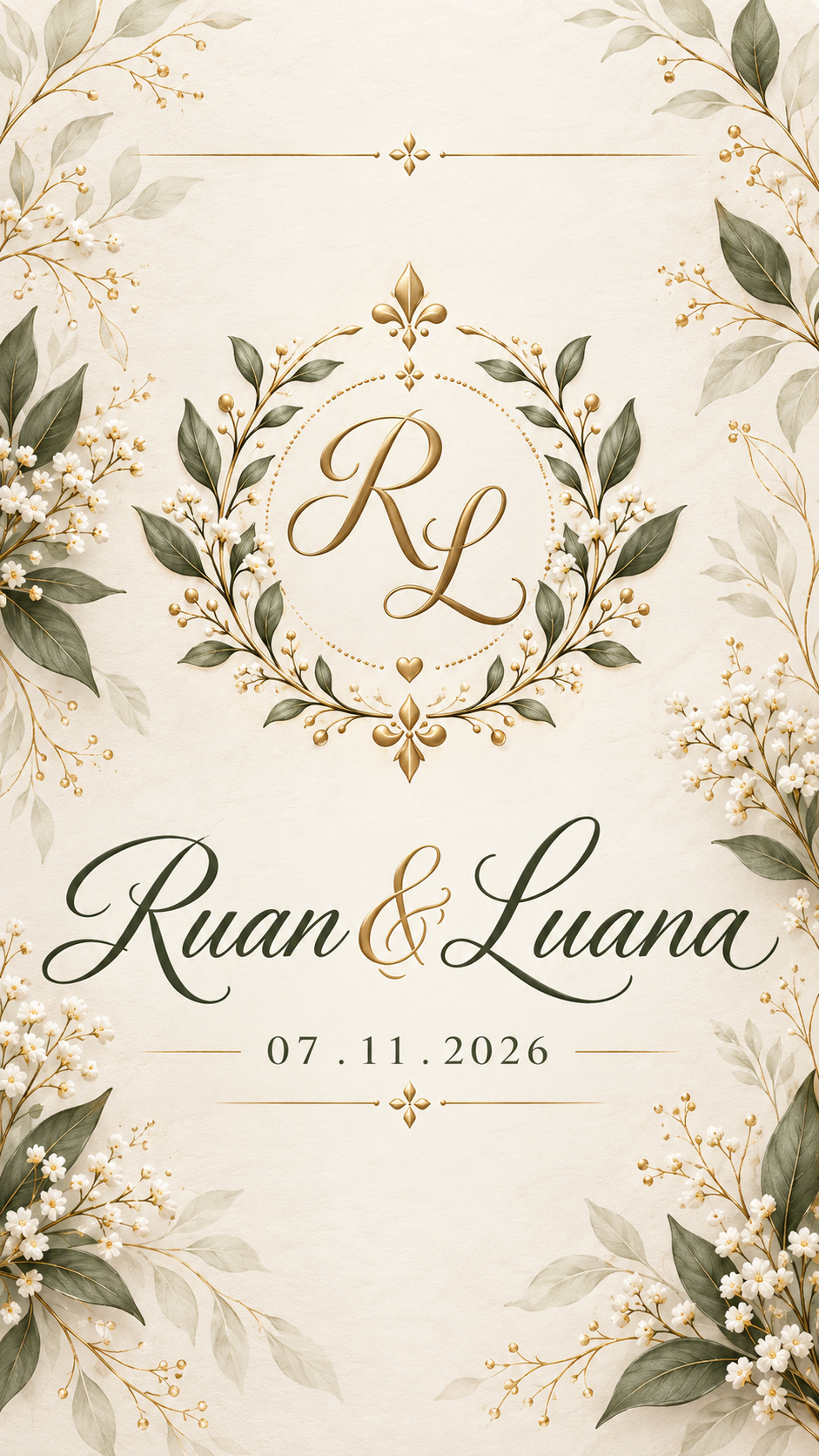 Brasão dourado com as iniciais R e L, flores brancas e folhagens verde-oliva; Ruan e Luana, 07 de novembro de 2026